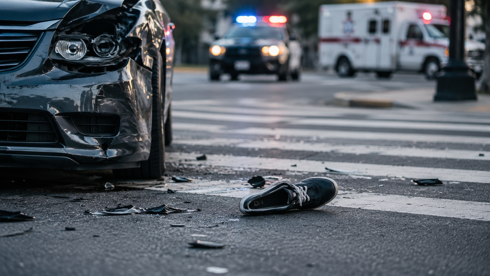 Crash debris in a crosswalk showing evidence collection, attorney review, injury damages, claim support, and liability questions.
