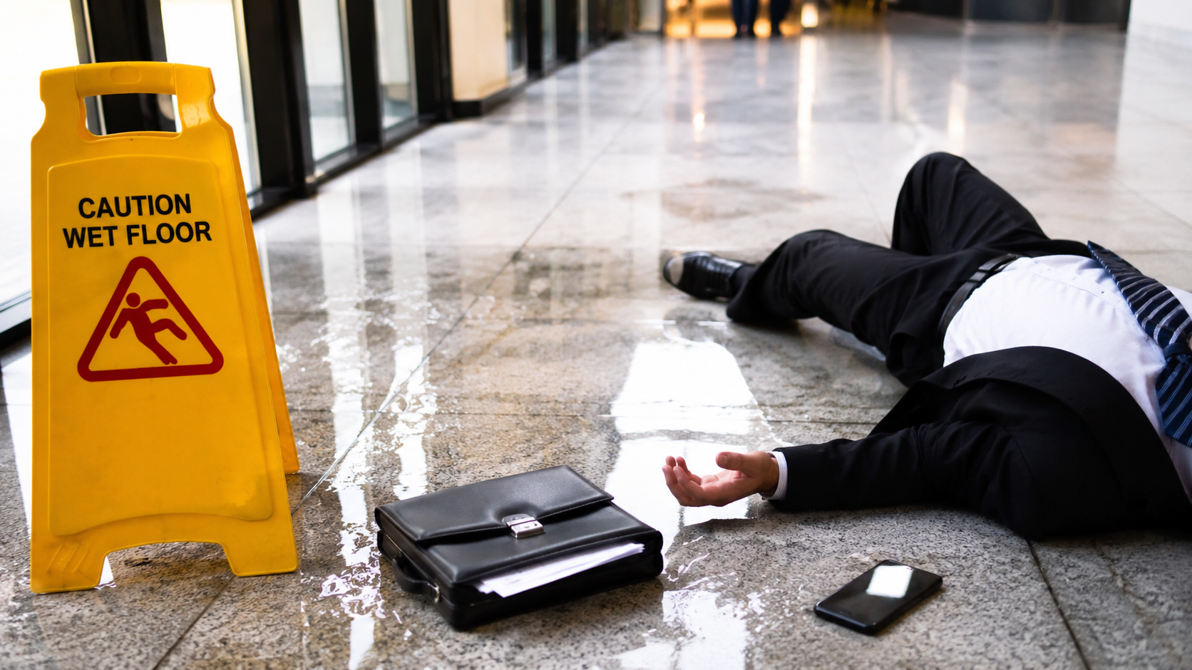 Accident aftermath in a business setting emphasizing personal injury evidence, fault disputes, claim damages, settlement pressure, and recovery.